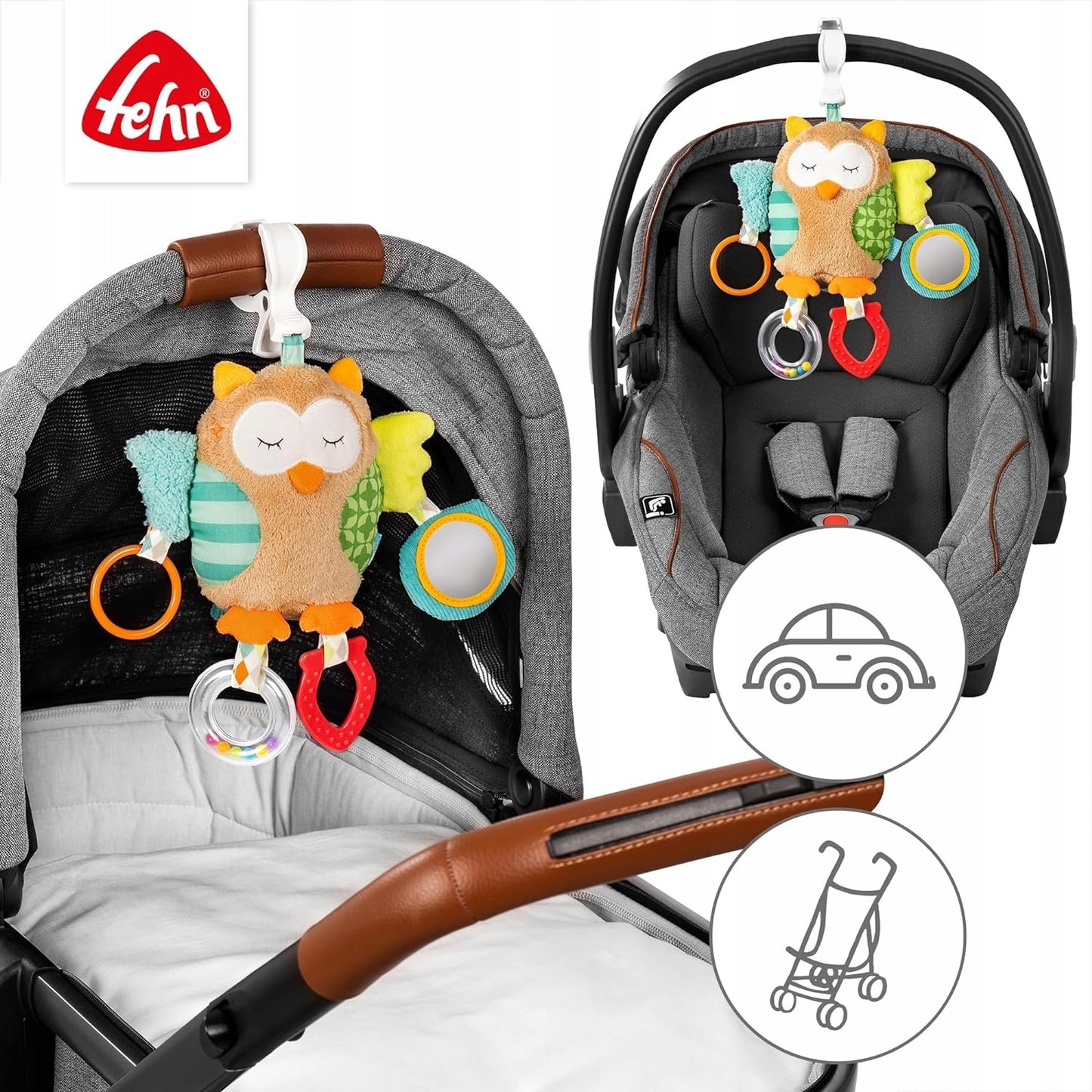 FEHN Sleepy Forest hanging toy with a rattle and clip for a stroller or car seat