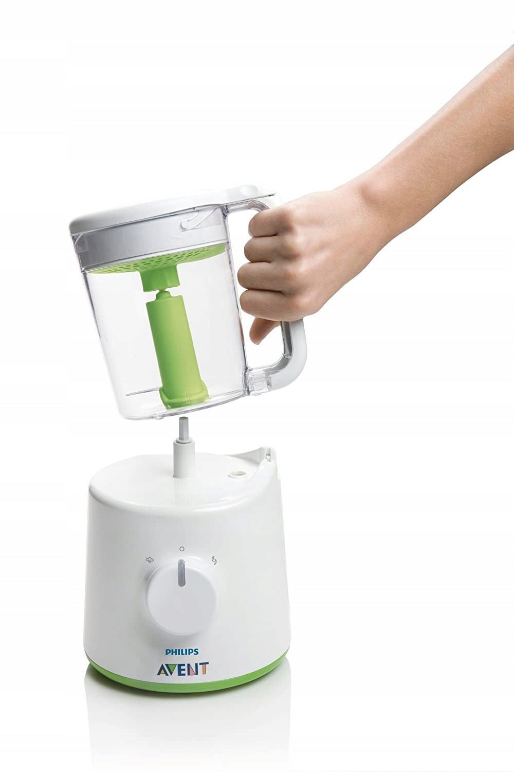 PHILIPS AVENT SCF870/20 2w1 parowar mikser 800 ml, biały z zielonym pojemnikiem i ręką podczas montażu