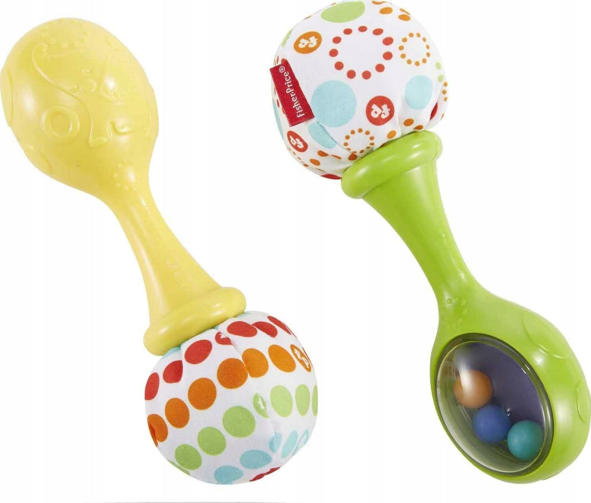 FISHER-PRICE BLT33 grzechotki marakasy 2 sztuki, żółta i zielona, sensoryczne zabawki dla dzieci 3 m+