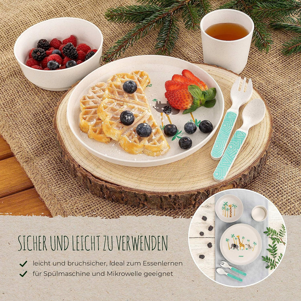 REER zestaw naczyń 4el. SAFARI – dziecięcy talerzyk, miseczka, kubek i łyżeczka, bez BPA, od 6m+