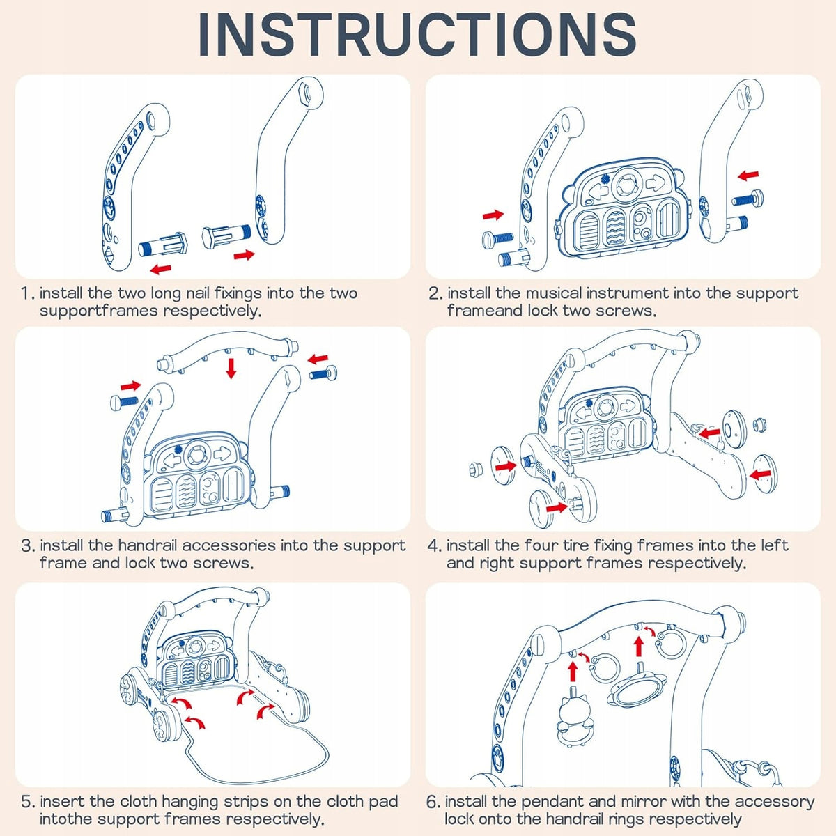 MATA edukacyjna z pianinkiem 2w1 PCHACZ chodzik instrukcja montażu z elementami i akcesoriami