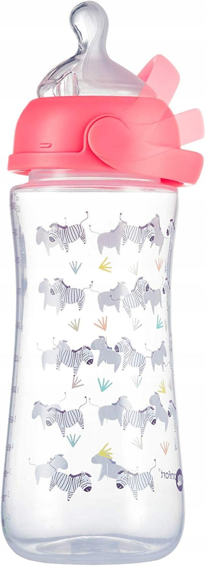 BEBE CONFORT Emotion Physio butelka 6 m+ 360 ml ZEBRA, przezroczysto-różowa butelka z motywem zebry