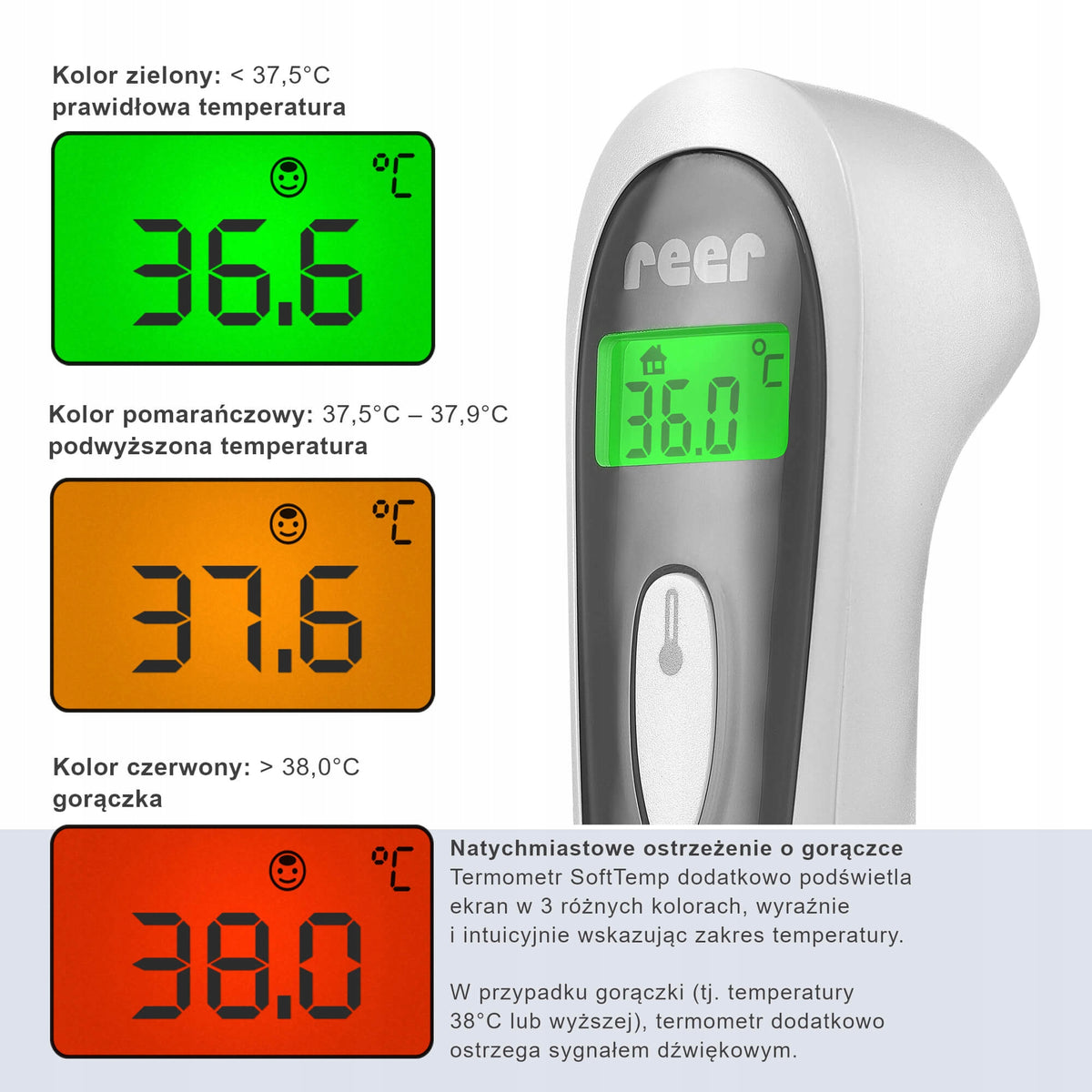 REER Colour SoftTemp termometr bezdotykowy 3w1 z kolorowym ekranem i wskazaniem temperatury 36,6°C