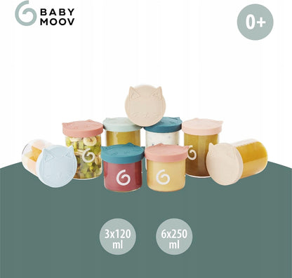 BABYMOOV ISY BOWLS pojemniki SZKLANE 6x250 3x120 z pastelowymi silikonowymi nakładkami, zestaw szklanych pojemników dla dzieci