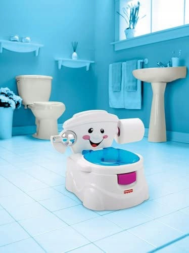 FISHER PRICE nocnik Moja Pierwsza Toaleta DE, interaktywny nocnik dla dzieci 18 m+, biały z niebieskim siedziskiem