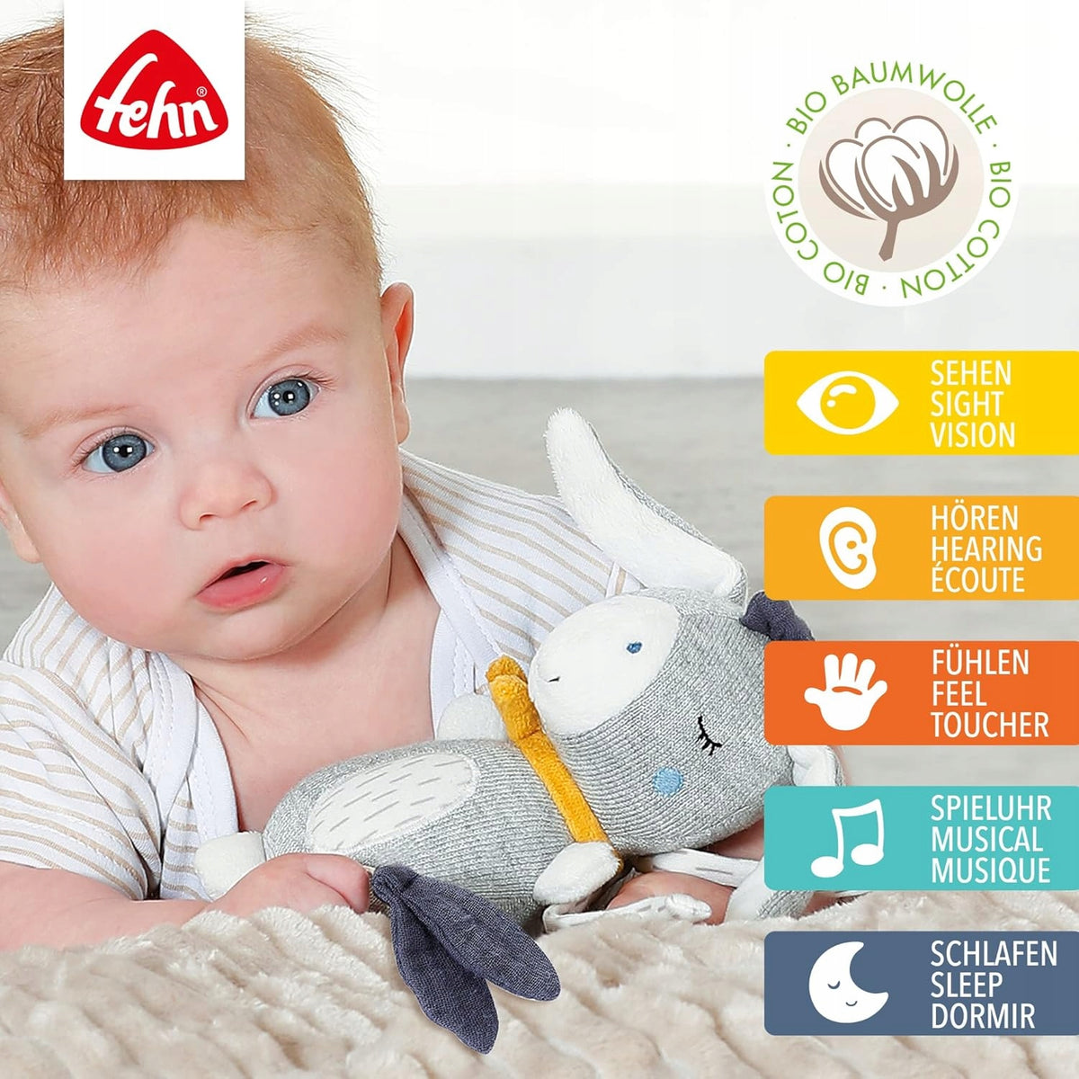FEHN Nature zawieszka OSIOŁEK z pozytywką 22cm, miękka wielokolorowa zabawka dla niemowląt do wózka i łóżeczka