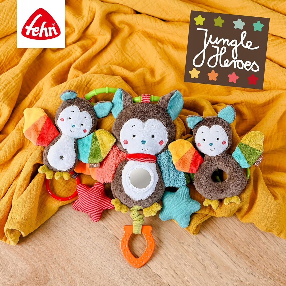 FEHN Nietoperz wańka WSTAŃKA 20cm grzechotka – kolorowa zabawka sensoryczna dla niemowląt
