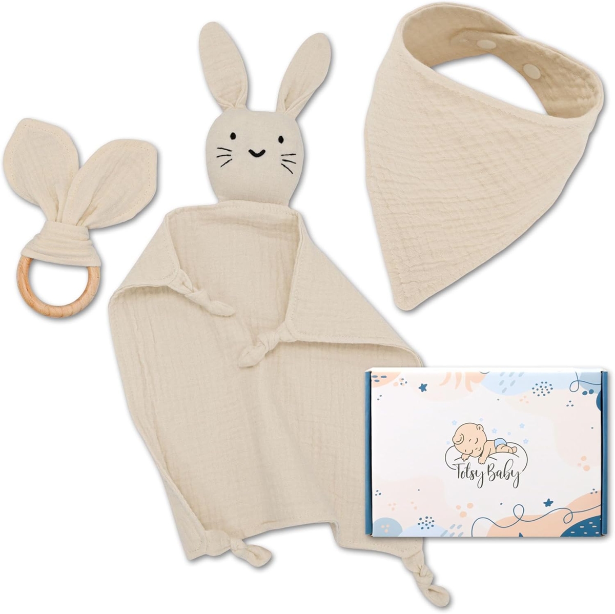TOTSY BABY lange en mousseline confort et bavoir, anneau de dentition en bois 27x27 cm LAPIN