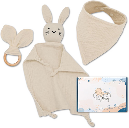 TOTSY BABY lange en mousseline confort et bavoir, anneau de dentition en bois 27x27 cm LAPIN