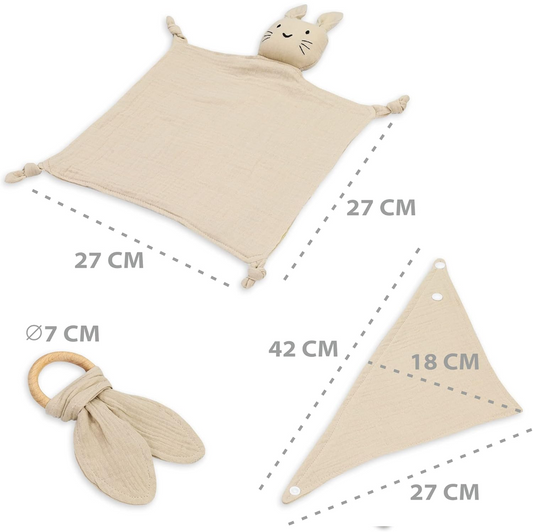 TOTSY BABY lange en mousseline confort et bavoir, anneau de dentition en bois 27x27 cm LAPIN