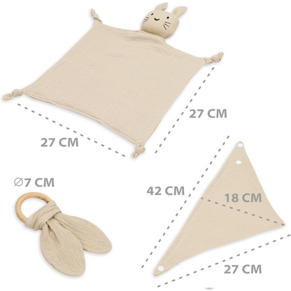 TOTSY BABY lange en mousseline confort et bavoir, anneau de dentition en bois 27x27 cm LAPIN