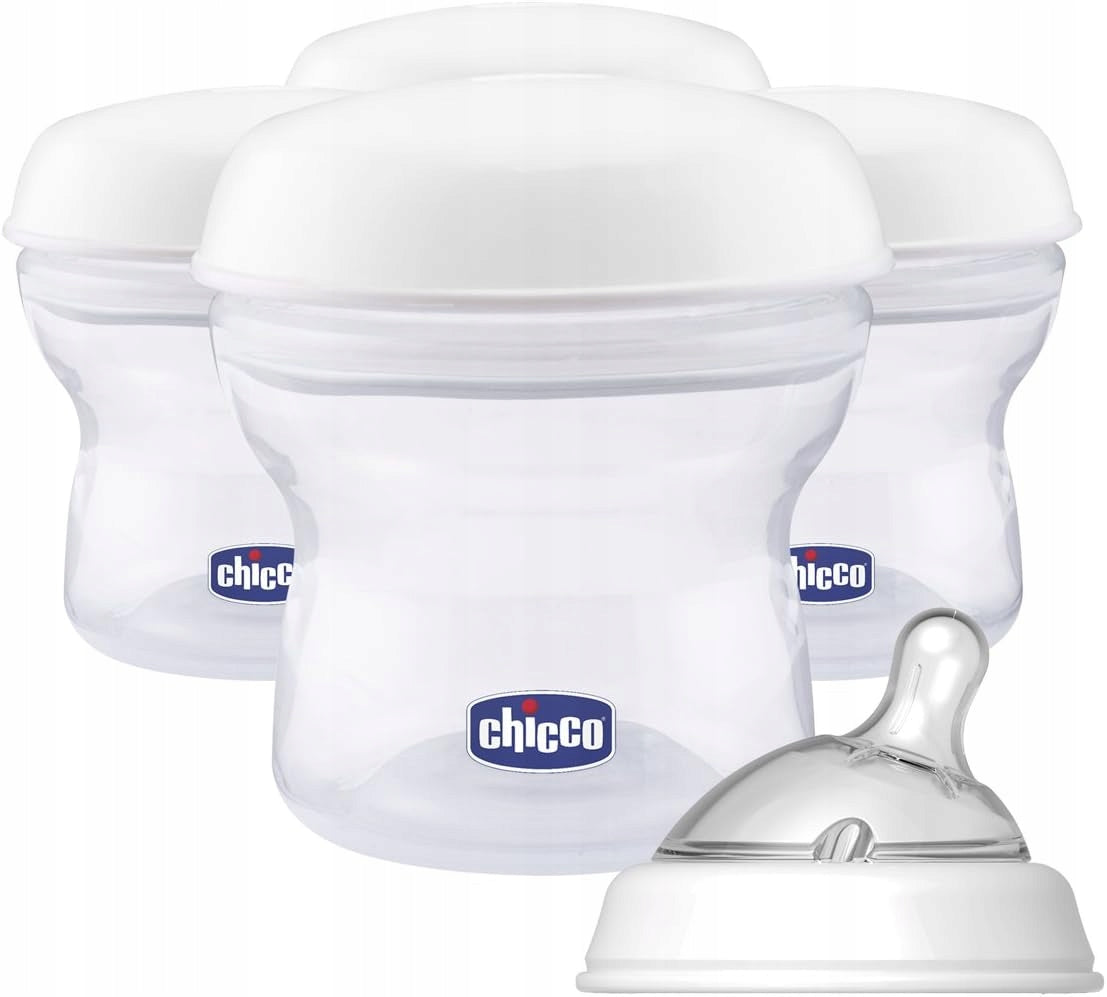 CHICCO pojemniki na mleko 4 x 150 ml + smoczek z nakrętką, białe, BPA/BPS free