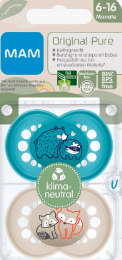MAM ORIGINAL PURE smoczek uspokajający x2 6-16m KAUCZUK, ortodontyczny, BPA/BPS free, 2 szt.