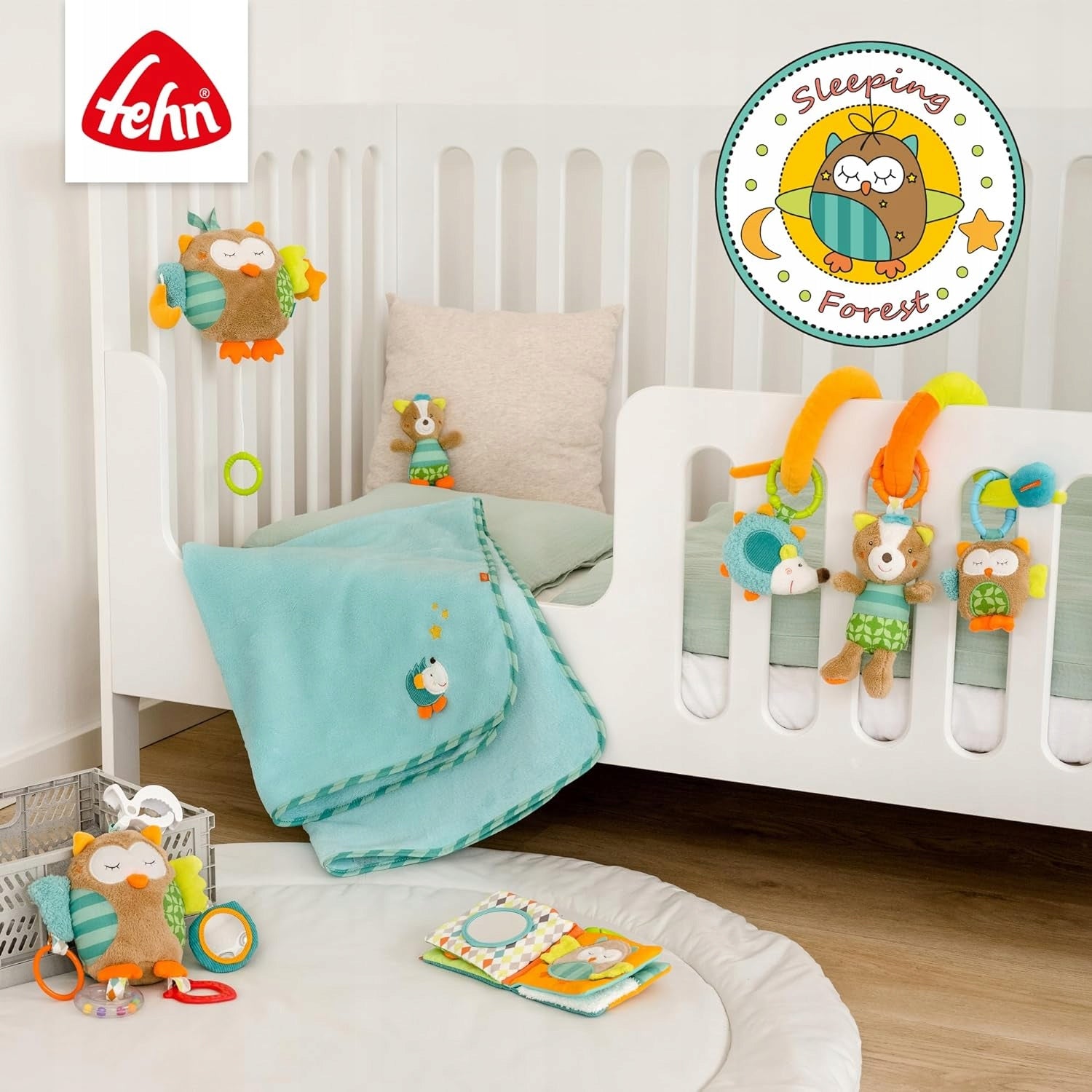 FEHN Sleepy Forest hanging toy with a rattle and clip for a stroller or car seat