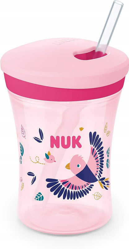 NUK Action Cup KUBEK NIEKAPEK 12 m+ różowy kubek z elastyczną słomką i motywem ptaszka