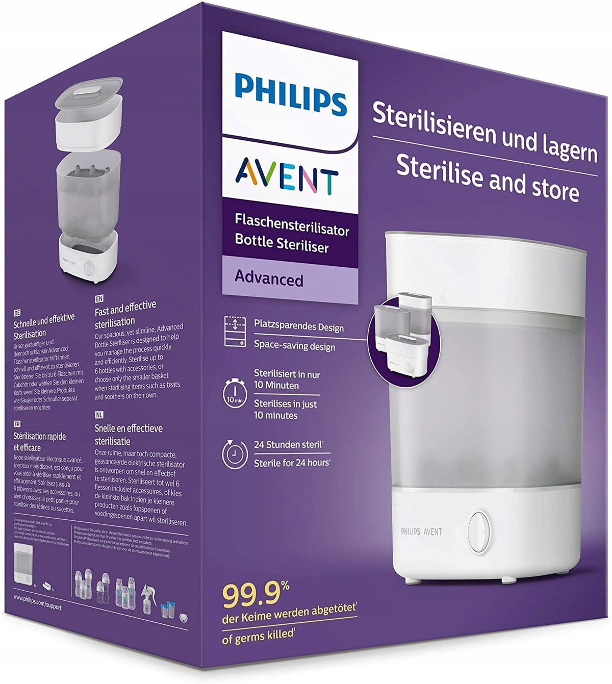 PHILIPS AVENT elektryczny sterylizator parowy, biało-szary, do butelek, zabija 99,9% zarazków bez chemii