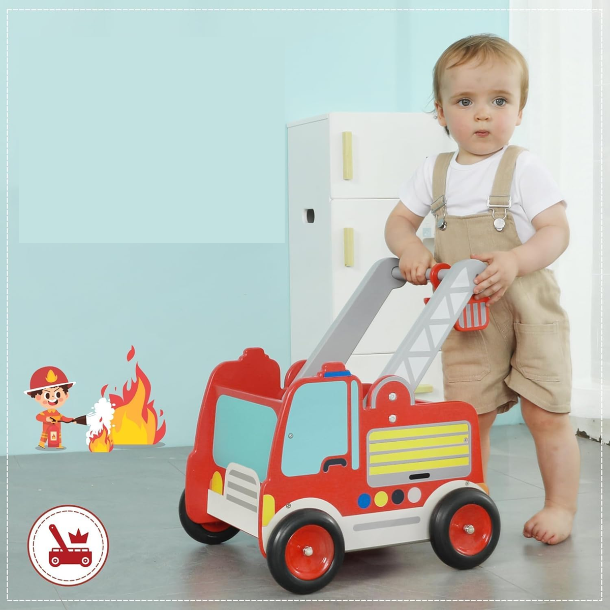 LABEBE chariot en bois CAMION DE POMPIERS 37,5 x 45 cm
