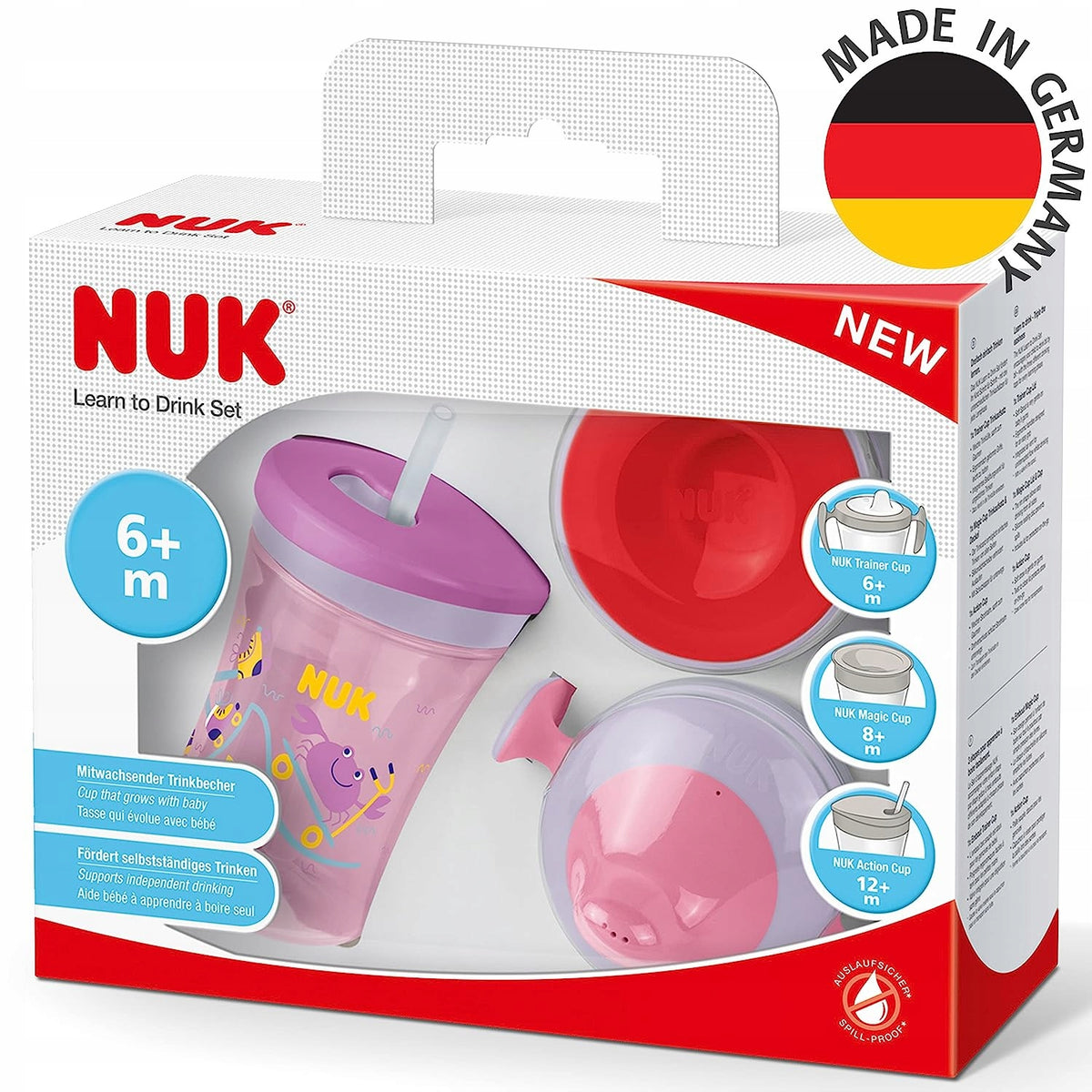 NUK zestaw do nauki picia kubek + 3 ustniki, różowy i czerwony, 6-12m, 230 ml, szczelny, BPA free