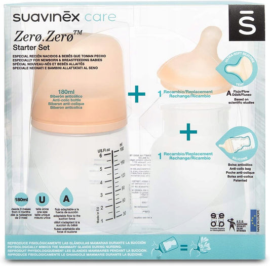 SUAVINEX zestaw startowy ZERO ZERO 180ml, butelka antykolkowa z silikonowym smoczkiem i zapasową torebką