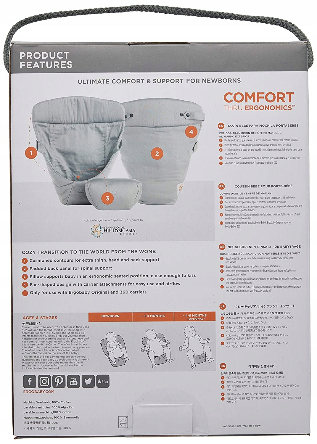ERGOBABY wkładka do nosidełka Easy Snug, szary wkład dla noworodka, ergonomiczne wsparcie i komfort