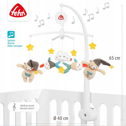 FEHN Miś Bruno KARUZELA do łóżeczka, muzyczna karuzela 65 cm, wielokolorowa z misiami i gwiazdkami