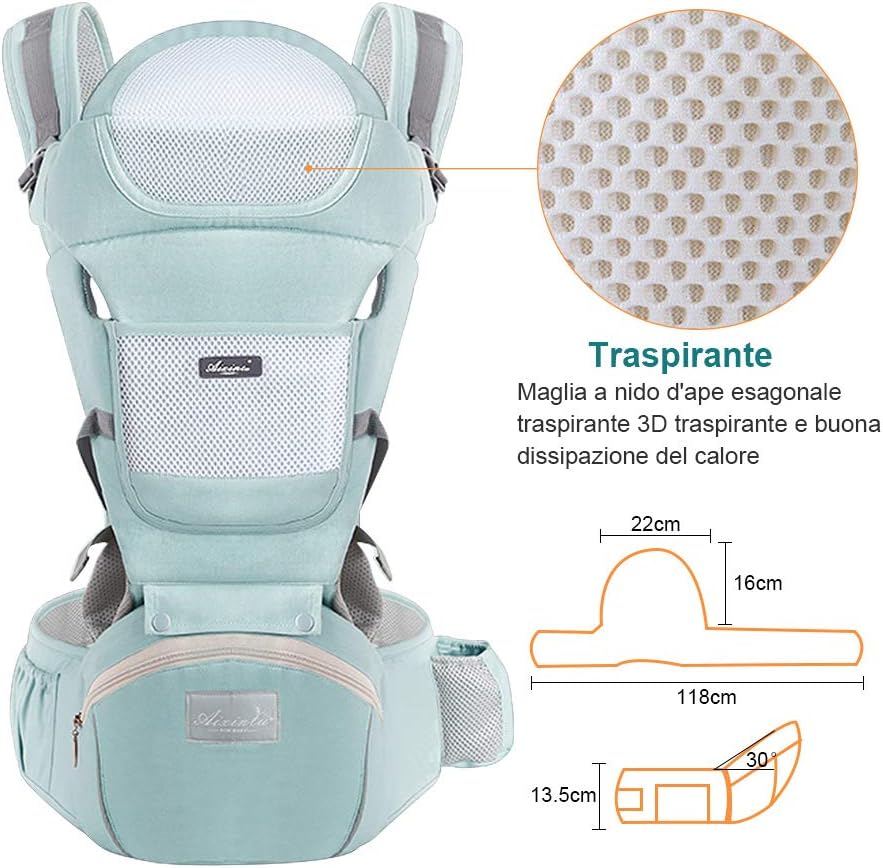 NOSIDEŁKO ergonomiczne z pasem biodrowym 11w1, oddychające, zielone, dla dzieci 0-36 msc