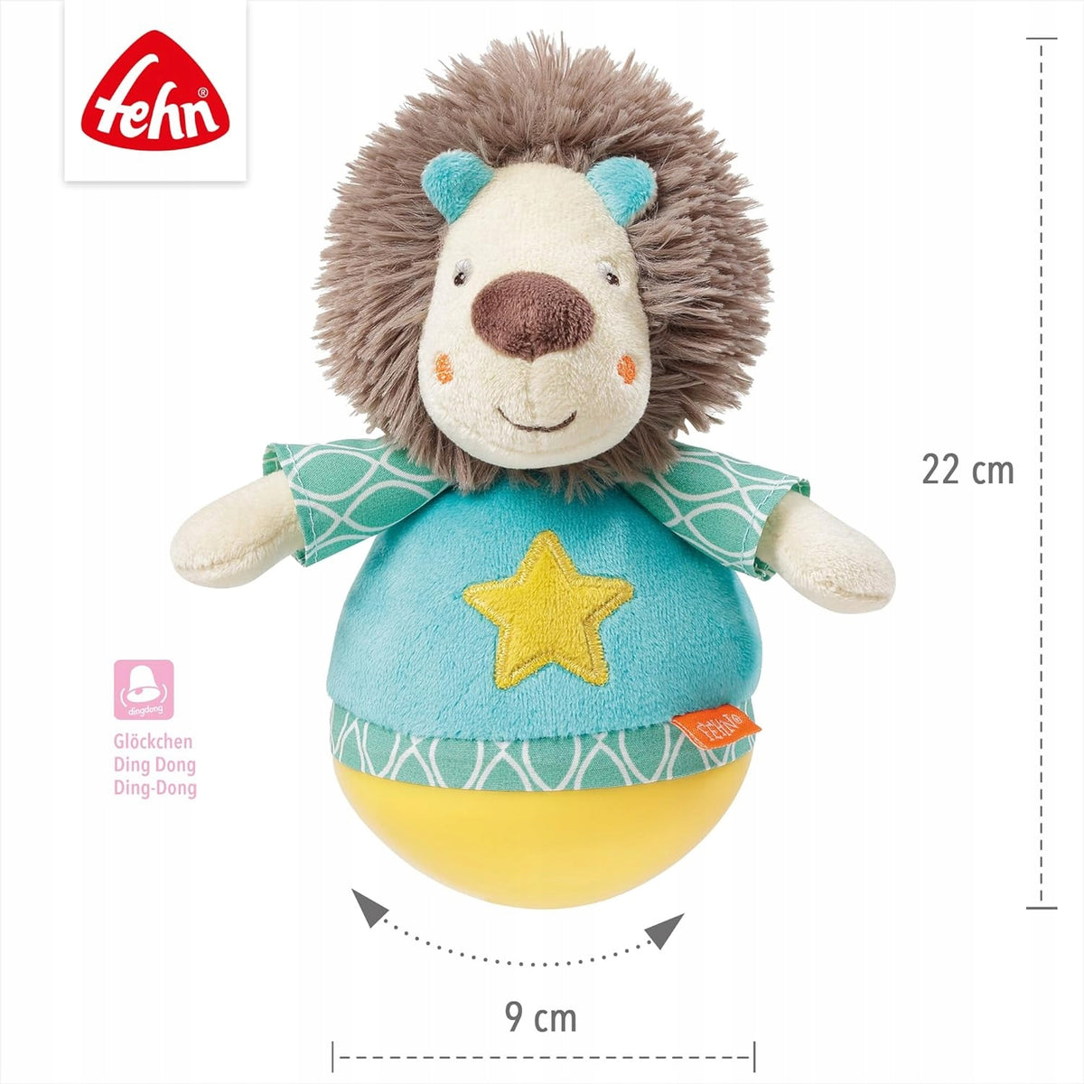 FEHN Funky Friend wańka WSTAŃKA 18cm grzechotka LEW, pluszowa zabawka z dzwoneczkiem, 22 cm