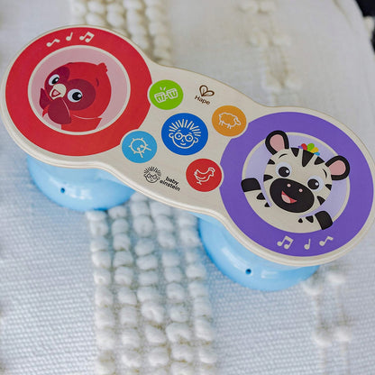 HAPE Magic Touch drewniane BONGO dotykowe, kolorowe bongo muzyczne dla dzieci z motywem zwierząt