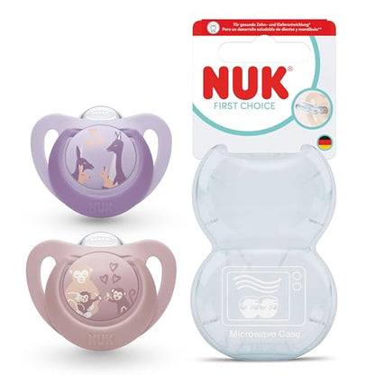 NUK First Choice smoczek uspokajający silikonowy x2 6-18m – małpki i kangura lekka tarczka z pierścieniem do chwytania…