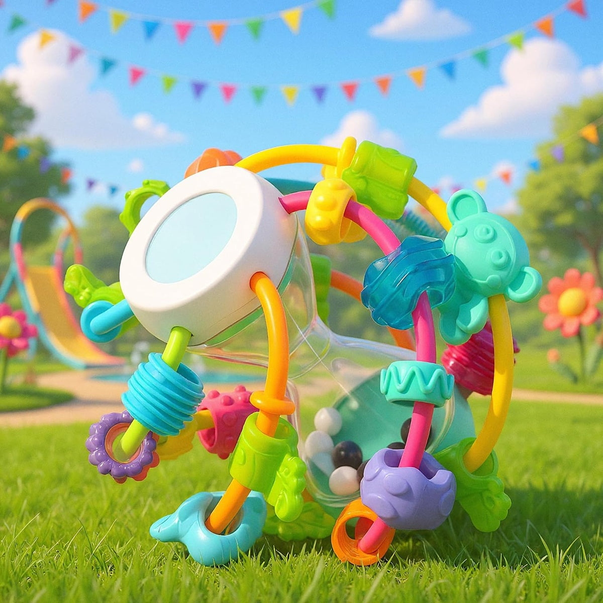 PLAYGRO Play and Learn Ball gryzak chwytak z grzechotką i lusterkiem 14 cm, kolorowa piłka sensoryczna dla niemowląt