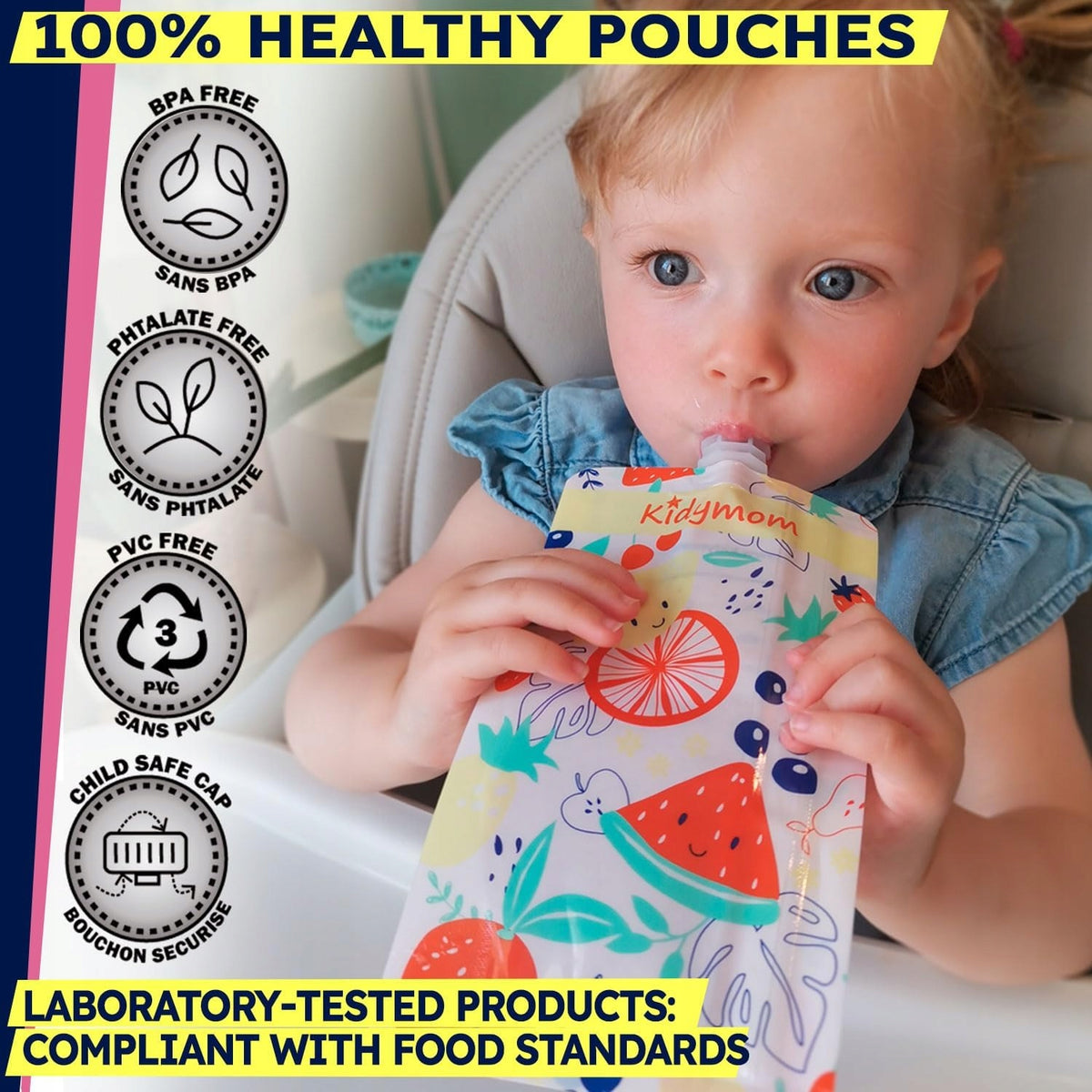 KIDYMOM saszetki wielokrotnego użytku na mus x10 + akcesoria, BPA free, bez ftalanów i PVC