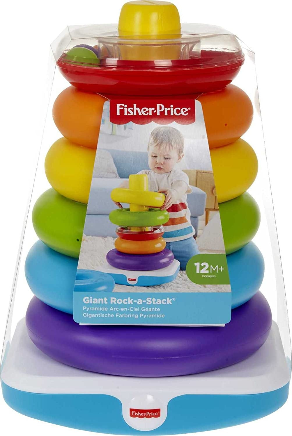 FISHER-PRICE giga piramidka z kółek, wielokolorowa zabawka 12M+ z sześcioma kółkami i grzechoczącym elementem