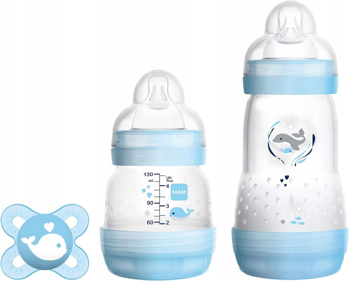 MAM zestaw startowy Easy Start 3el. butelki Anti-Colic 130 ml i 260 ml oraz smoczek uspokajający, niebieski