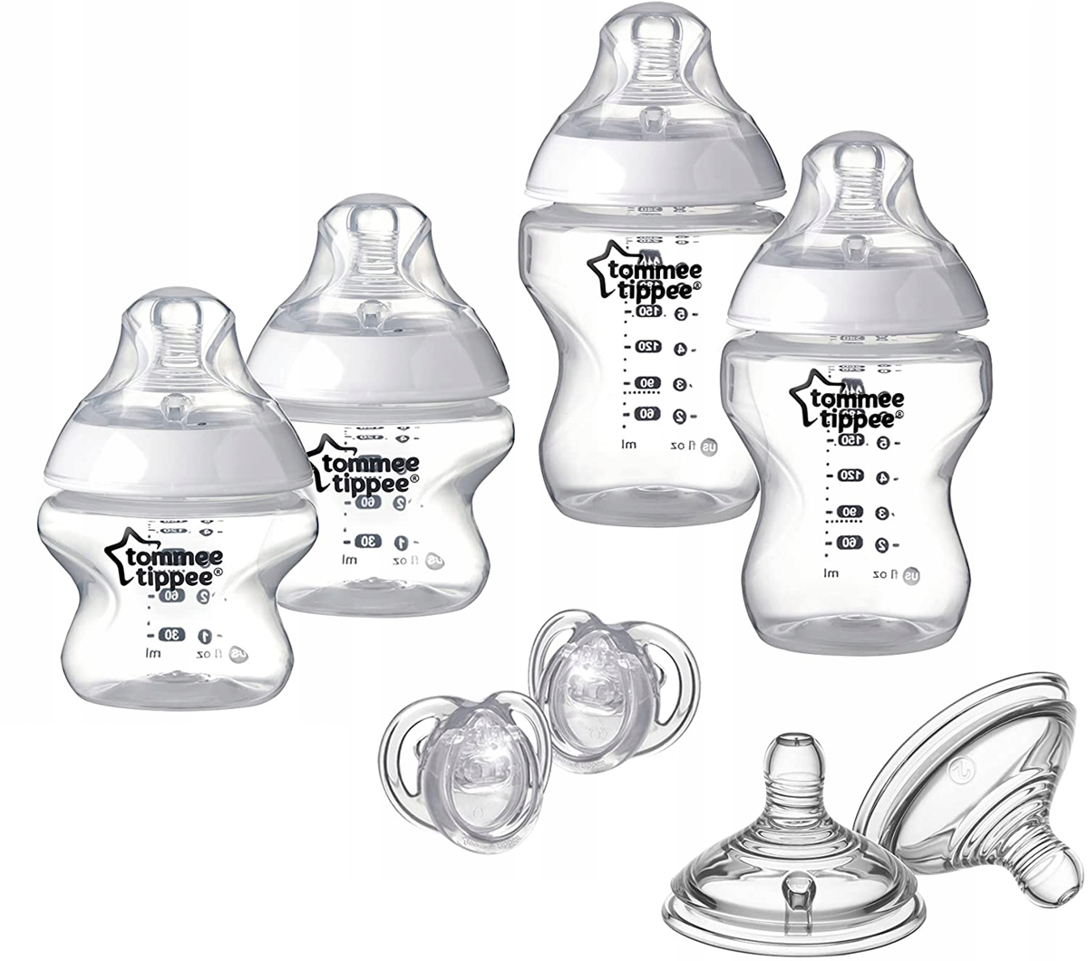 TOMMEE TIPPEE zestaw startowy butelki, smoczki 8el. zestaw dla noworodka, 4 butelki, smoczki i uspokajacz