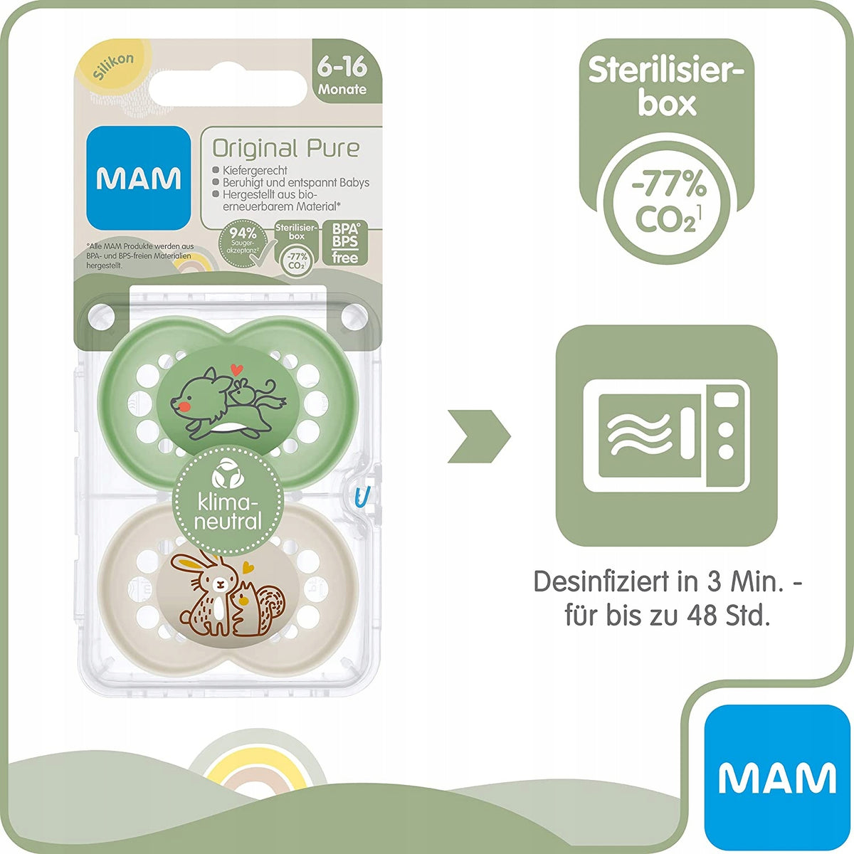 MAM PURE smoczek uspokajający x2 6-16 +box, silikonowy zestaw z pudełkiem do sterylizacji