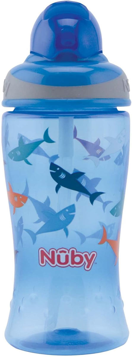 NUBY Flip-it Cup copo de aprendizagem sem pingos com palhinha 12 m+ 360 ml TUBARÕES