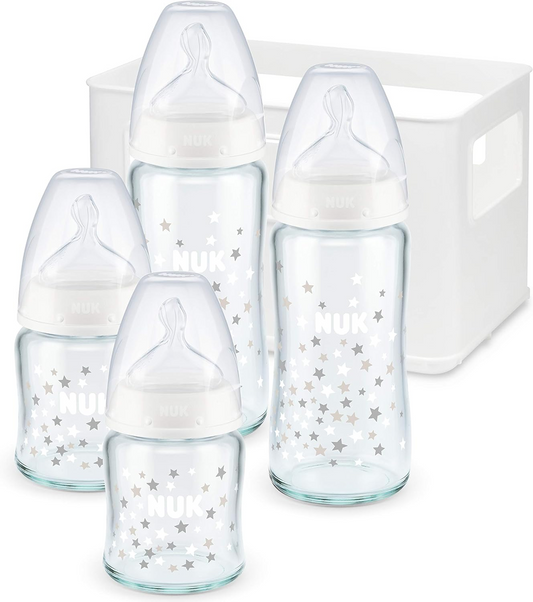 NUK First Choice+ zestaw 0-6 m szklane butelki 2x 120 ml i 2x 240 ml + koszyk
