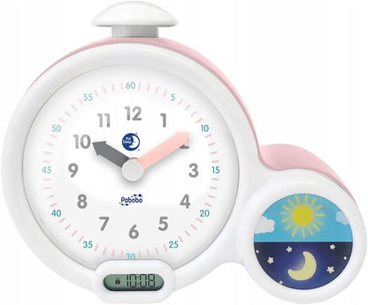 PABOBO Kid'Sleep BUDZIK EDUKACYJNY różowy, biało-różowy budzik do nauki wstawania z analogowym i cyfrowym wyświetlaczem