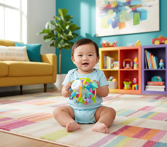 PLAYGRO Play and Learn Ball gryzak chwytak z grzechotką i lusterkiem 14 cm