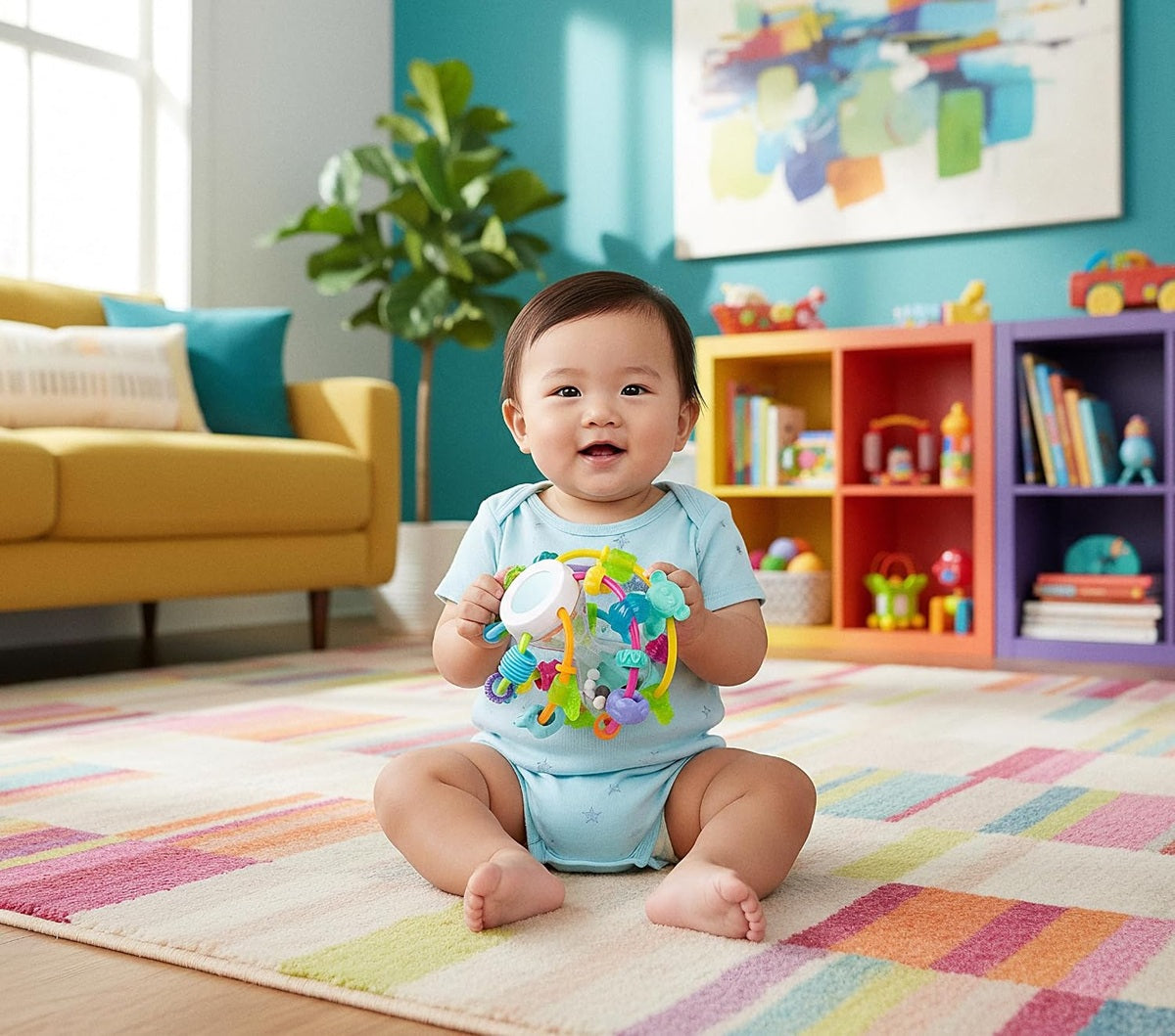 PLAYGRO Play and Learn Ball gryzak chwytak z grzechotką i lusterkiem 14 cm, kolorowa piłka edukacyjna dla niemowląt