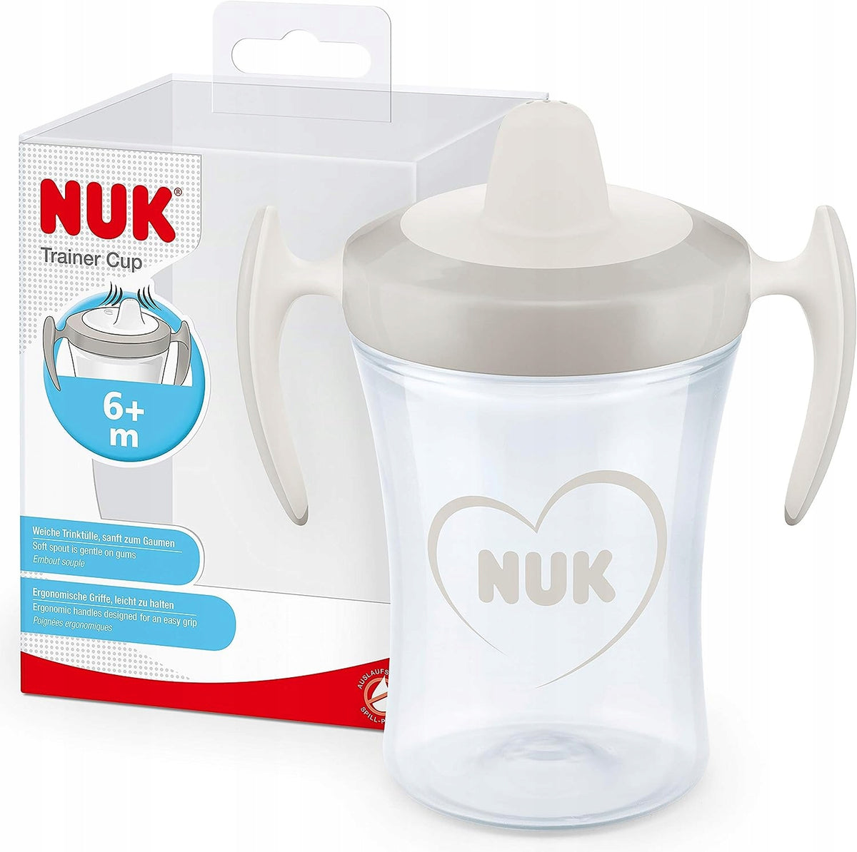 NUK Trainer Cupdrip cupAge 6 m +colour grey with heart motifcapacity 230 mlMaterial polypropylene