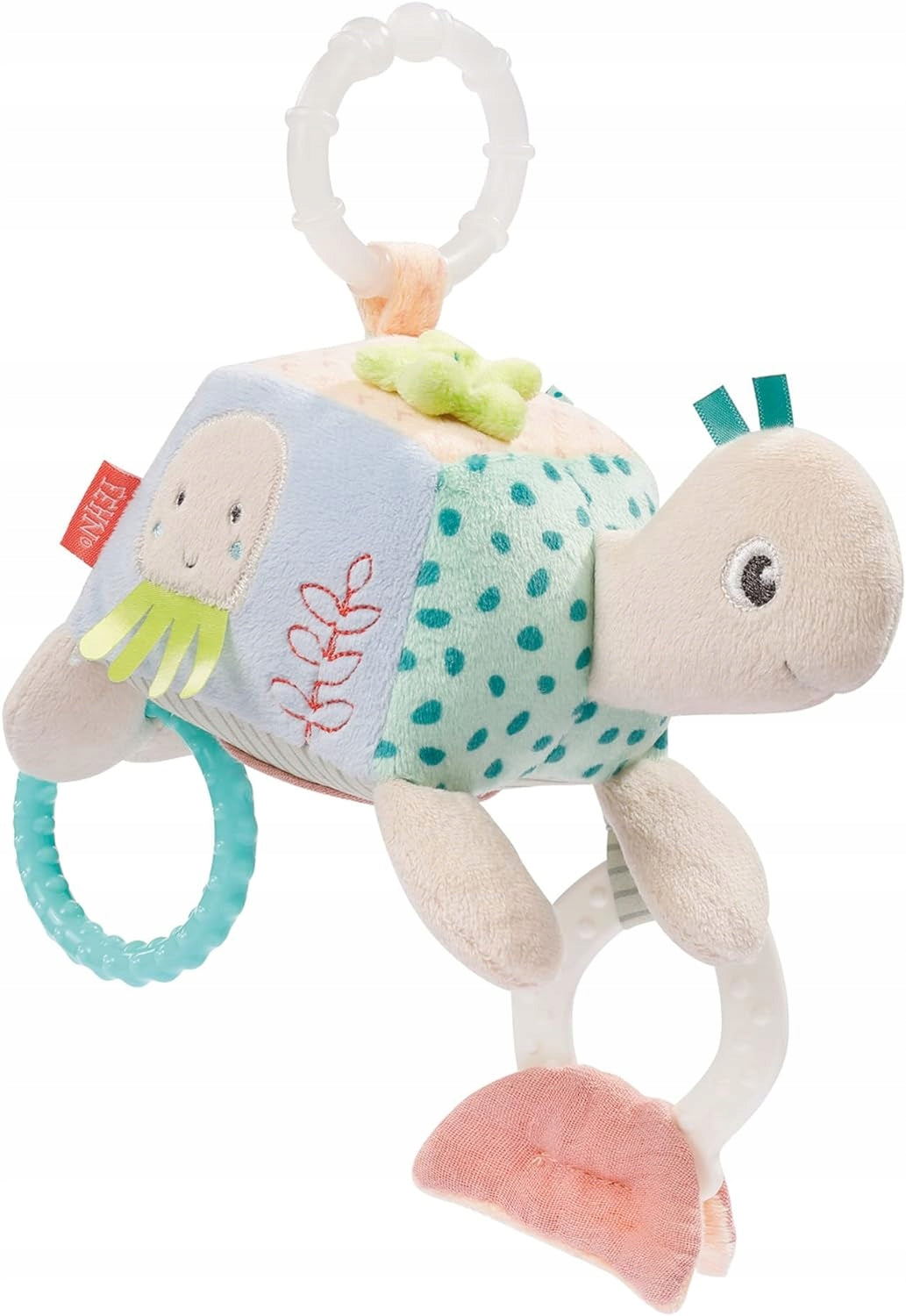 FEHN zawieszka z grzechotką ŻÓŁW 18X17 cm, kolorowa zabawka sensoryczna dla niemowląt do wózka i łóżeczka