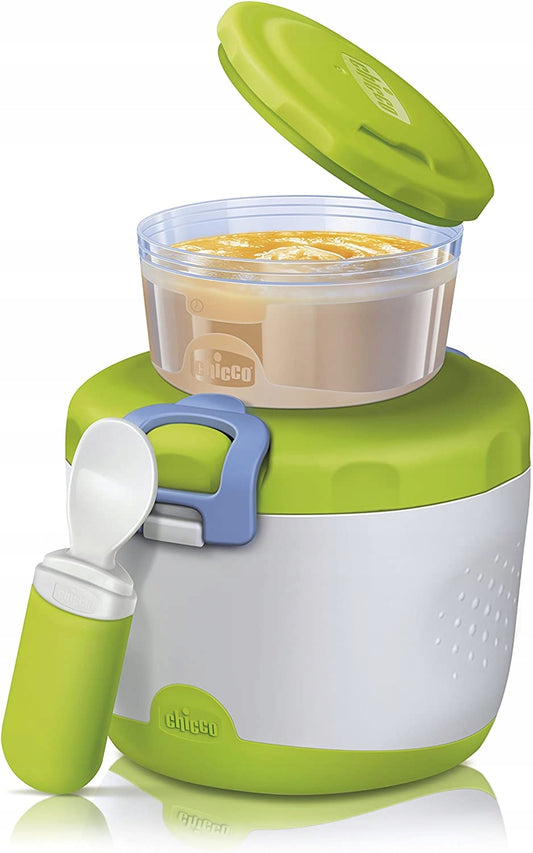 CHICCO pojemnik obiadowy izolowany + łyżeczka, zielono-biały termos na żywność dla niemowląt, BPA free