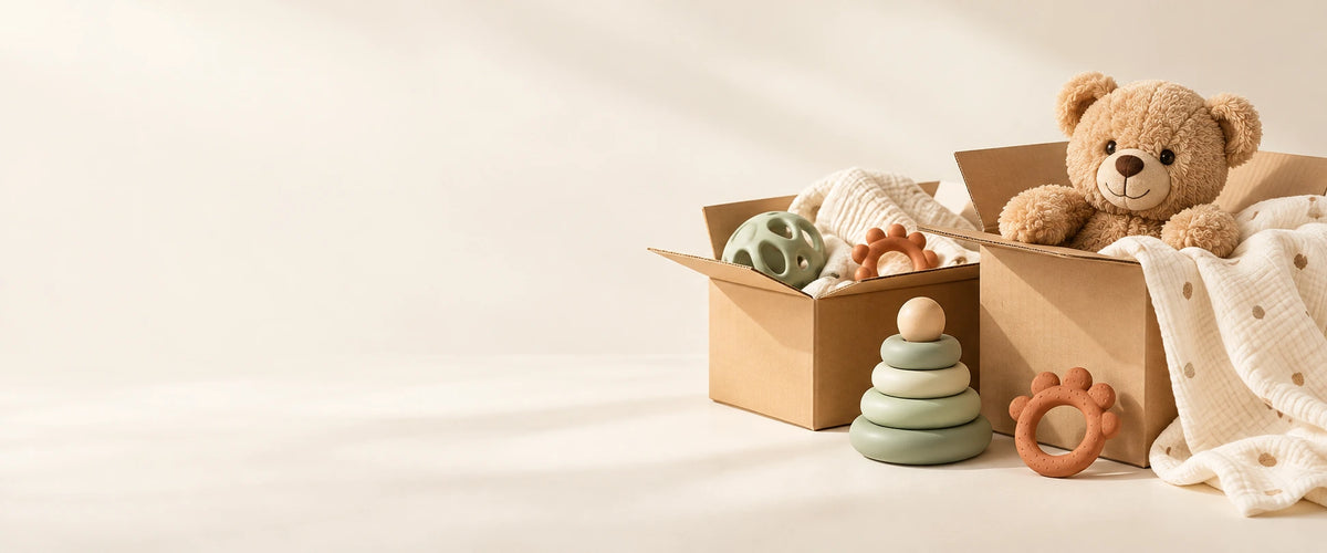 Illustration du déstockage OutletBaby : des cartons d'accessoires pour bébé sur un fond crème.