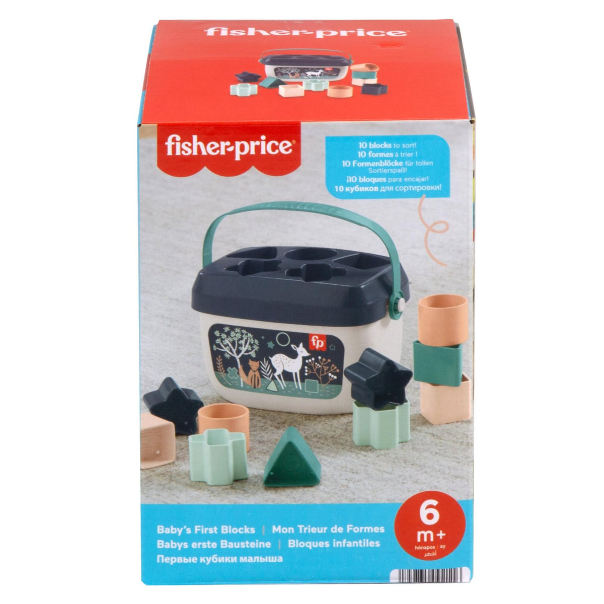 Oryginalne opakowanie Fisher-Price Pierwsze Klocki HJP20 z ilustracją wiaderka z granatową pokrywką i kolorowych klocków.