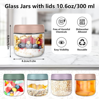 AOLSO ensemble de récipients alimentaires en verre x4 avec couvercles 300ml