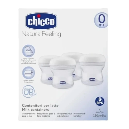 CHICCO récipients à lait 4 x 150 ml + tétine avec couvercle